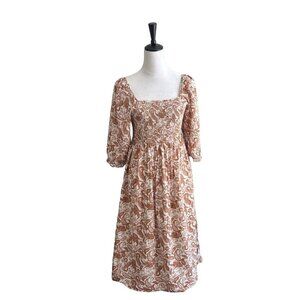 J.Gee 100% Cotton Midi Dress Tan/Brown Floral Women's Sz PL Square Neck